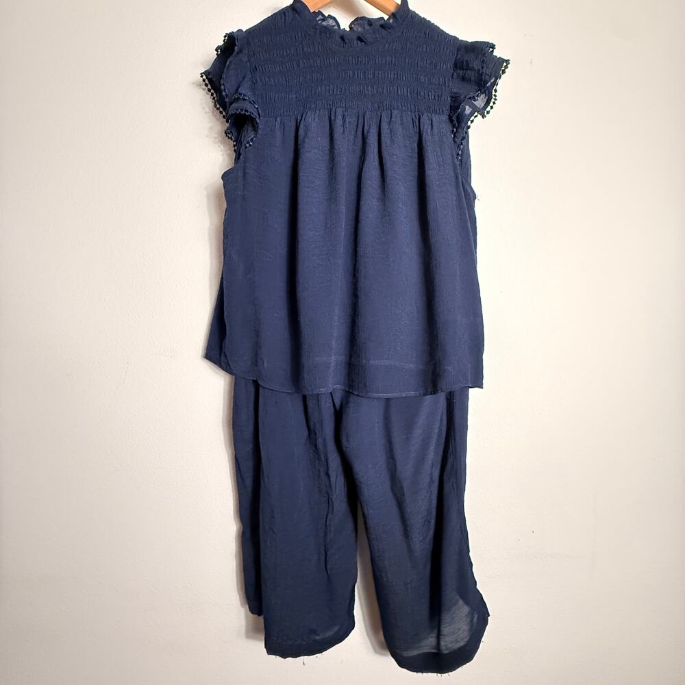 Navy Blue 2 Piece Set Smocked Ruffle Top & Wide Leg Pants